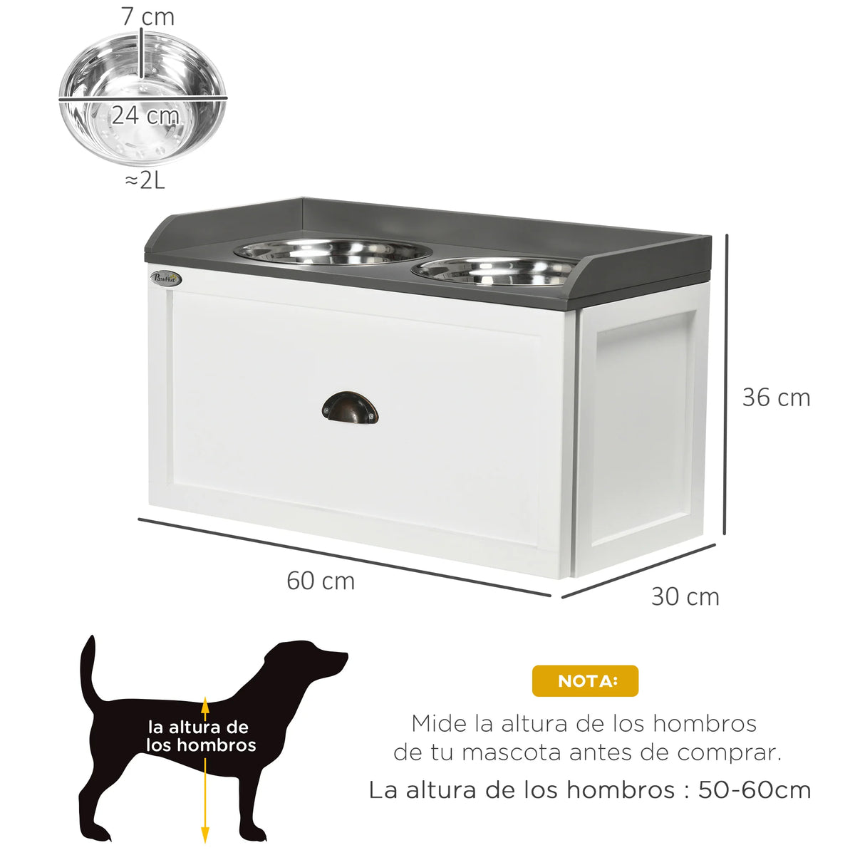 Meuble repas surélevé PawHut avec deux gamelles – 60 × 30 cm