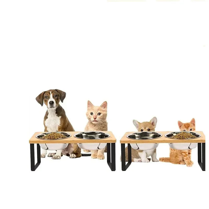 Support incliné en bois avec double gamelle