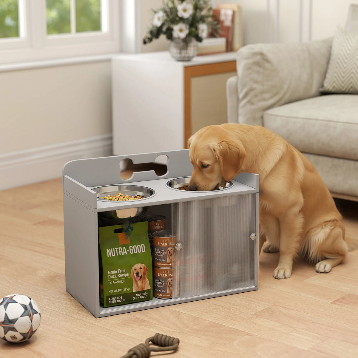 Meuble repas surélevé avec rangement 50 L pour grand chien